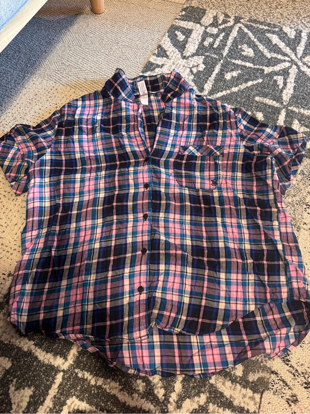 Victoria's Secret Pink and Navy Blue Plaid Short-Sleeve Button-Up